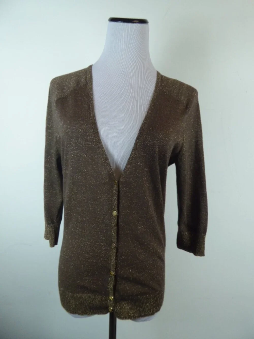 Tory Burch Brown gold sparkle logo cotton v cardigan M